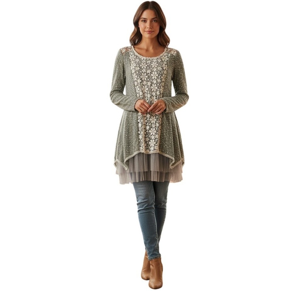 Ryu Sage Green Lace Tulle Hem Tunic Dress Long Sleeve Floral Mixed Media Small - Picture 7 of 11